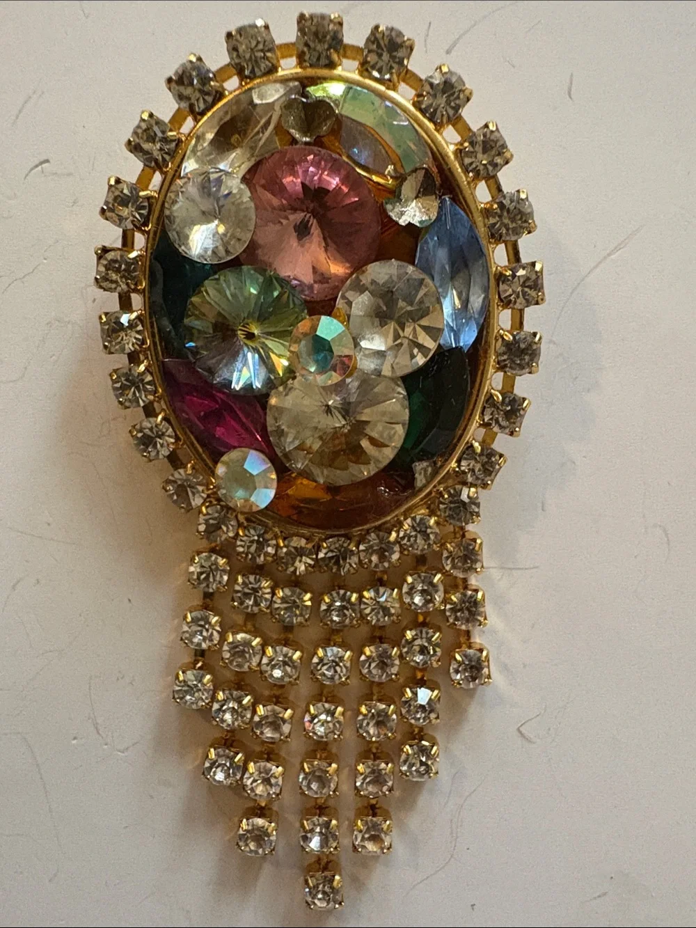 Vintage-Inspired Multi-Color Crystal Drop Brooch - Gold Tone